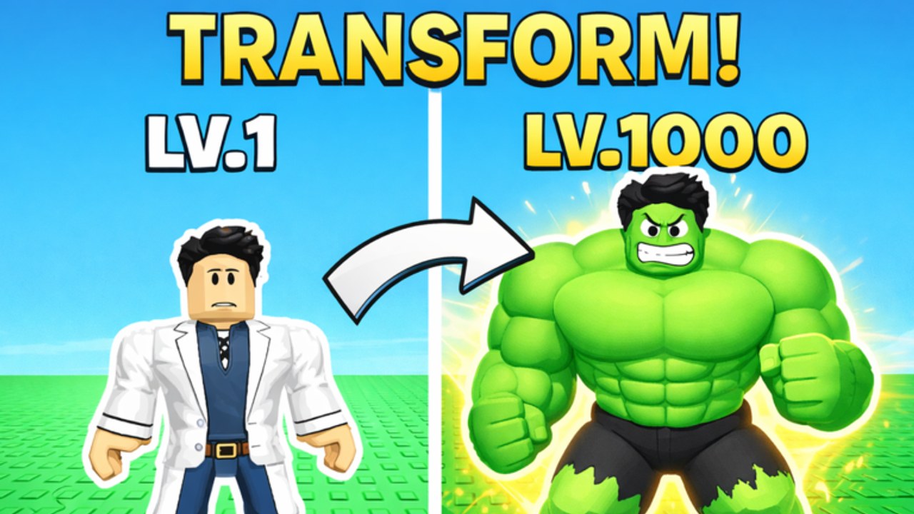 Level 1 scientist transforming into a hulking green form in Muscle Transform Simulator